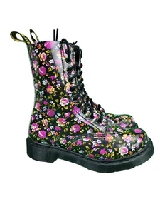 Dr Martens Simone Black Pink Floral Combat Boots Patent Leather 10 Eye SIZE 6 - Picture 1 of 9
