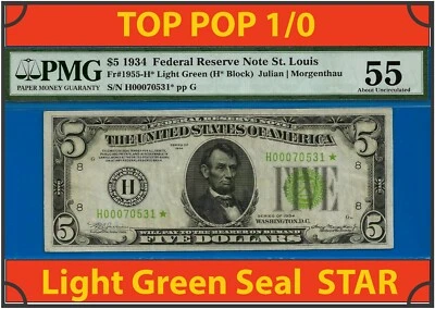 1934 $5 Federal Reserve Note PMG 55 highest graded St. Louis Star TOP POP 1/0 - Image 1 of 4
