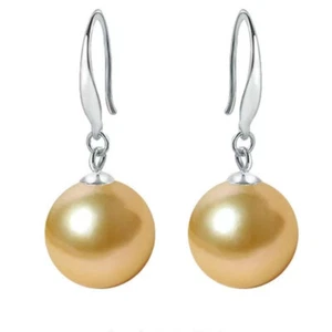 Pair of 11mm natural south sea genuine gold round pearl dangle earring 2638-06 - Picture 1 of 2