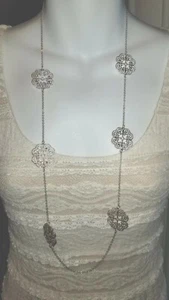 Silvertone Filigree Medallion Station Necklace 35" Long Chain Statement Jewelry - Picture 1 of 8