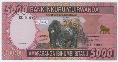 Rwanda 5000 Francs 1-12-2014 Pick 41 UNC Uncirculated Banknote Gorilla - Image 1 of 2