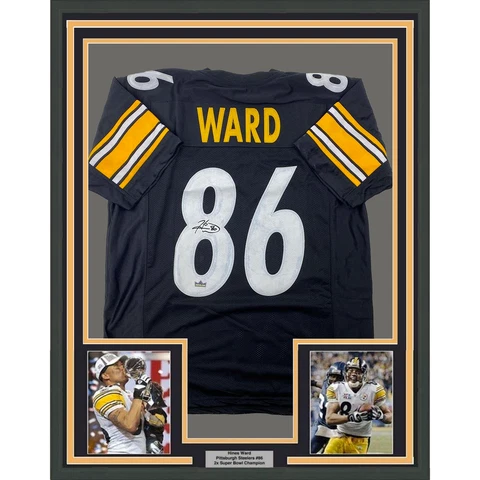 Framed Facsimile Autographed Hines Ward 33x42 Black Reprint Laser Auto Jersey Cover