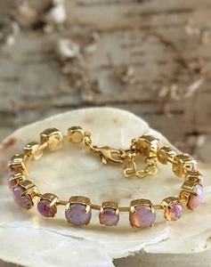Pink Fire Opal Glass In 18K Gold Plated Classic Tennis Bracelet - Picture 1 of 6