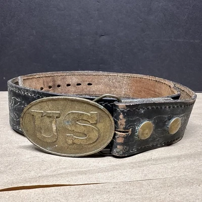 Vintage Bergamot Brass Works US Belt Buckle w/ Leather Belt - Image 1 of 4