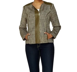 NUEVA Chaqueta Liz Claiborne Multicolor Talla Grande 26W Acentos de Cuero Forrada en Tweed - Imagen 1 de 8