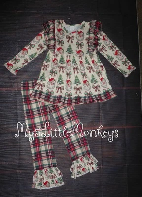 全新 精品 圣诞老人 女孩 荷叶边束腰格子裤子 套装 — 第 1/3 张图片