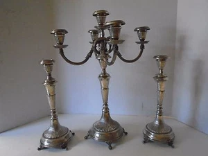 Portuguese Silver 5 Tier Candelabra plus 2 Candlesticks Sterling Acorn Footed - Picture 1 of 8