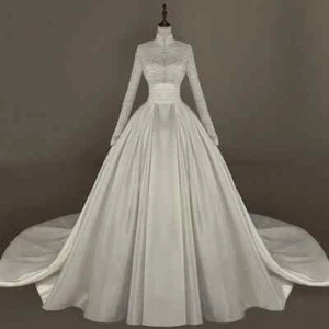 Muslim Elegant Wedding Dresses High-Neck Appliques Beaded Long Sleeves Ball Gown - Picture 1 of 12