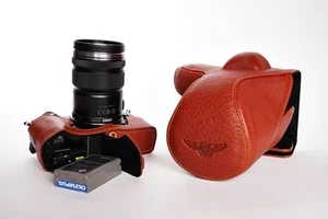 Genuine Real Leather Full Camera Case Bag for Olympus OMD EM5 II M2 Brown Open - Picture 1 of 9