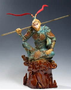 20"Dehua Colour Porcelain Gold Myth Figure Monkey King Sun Wukong Warrior Statue - Picture 1 of 7