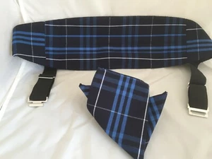 TARTAN Navy Blue-Mens Polyester Cummerbund and FREE Matching Pocket Hankie - Picture 1 of 10