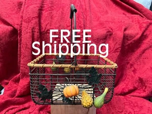 Black Wire Basket w/Wicker Trim ~ Metal Autumn Veggies ( 9" X 7" x 4-1/2" D ) - Picture 1 of 7