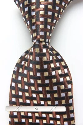 New Classic Plaid Brown Silver 100% JACQUARD WOVEN Silk Men's Necktie Tie - Image 1 of 4