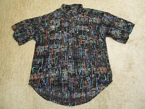 Vintage Bugle Boy Shirt Men Medium Black Geometric Short Sleeve Rayon Art Y2K - Picture 1 of 7