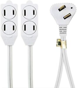 Flat Angle Plug Extension Cord Twin Tap UL Listed White 12-Foot Behind Furniture