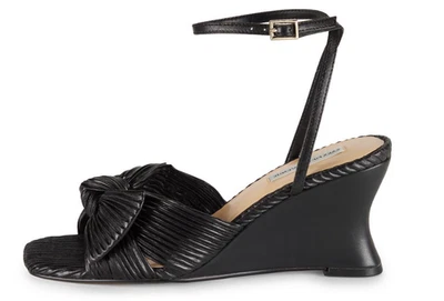 NWB Saks Fifth Avenue Jules Pleated Leather Wedge Sandals Black 9 Fabric Bow - Image 1 of 4