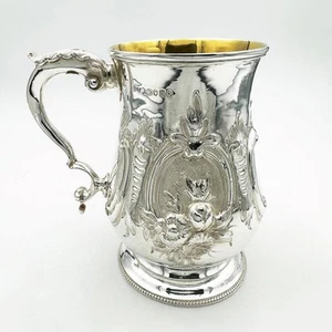 REPOUSSE 1-PINT MUG STERLING SILVER VICTORIAN London 1865 Augustus George Piesse - Picture 1 of 13