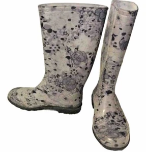 Womens Rain Boots 12" Rubber Waterproof Garden Wellies Gray Flowers Size 6 - Picture 1 of 5