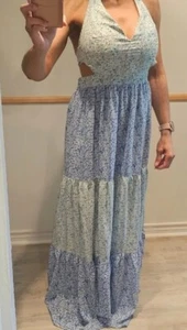 NEW Luxxel Halter Double Tie-back Backless Green Blue Print Cutout Maxi Dress L - Picture 1 of 13