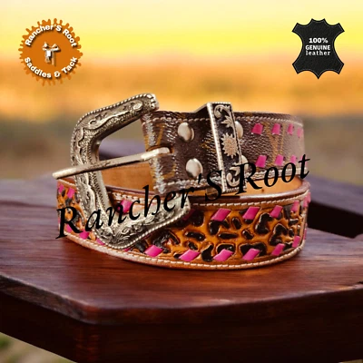 Women Leather Western Belt Leopard Tooling With Brown Print Leather - Image 1 of 2