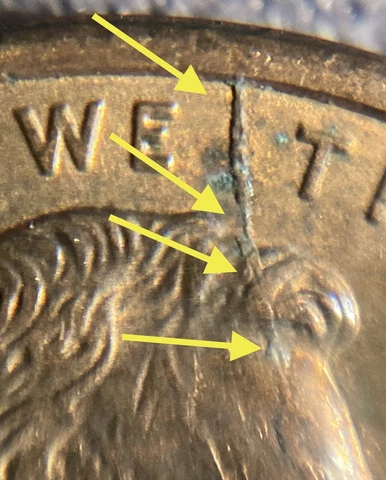 1999 Lincoln Memorial Cent EF XF Obverse Die Crack Error from Motto To Head Cover