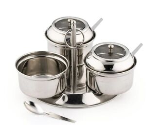 Angel 3 bowl stainless steel relish/condiment/dip/sauce server Seethru Lid Spoon