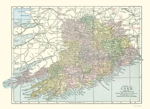 Historic Map - Cork County Ireland - Bartholomew 1882 - 23 x 31.43 - Picture 1 of 20