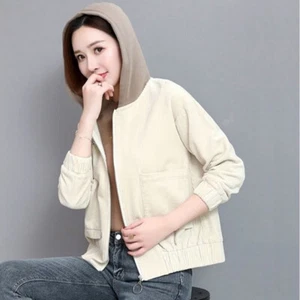 Lady Corduroy Hooded Jacket Short Coat Tops Shirt Zipper Cardigan Outerwear Coat - Picture 1 of 21