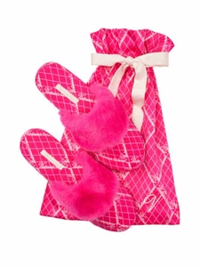 VICTORIA'S SECRET SIGNATURE SATIN FUR TRIM SLIPPERS SLEEPERS W GIFT BAG SM 5 - 6 - Picture 1 of 2