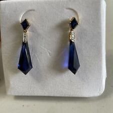 Lab-Created Blue Sapphire & Diamond Tear Drop Dangle Earrings 10k Gold NEW TAGS