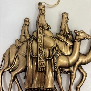 Vintage Gold Tone Metal Ornament Three Wise Men Magi on Camels Nativity 6" - Picture 1 of 11