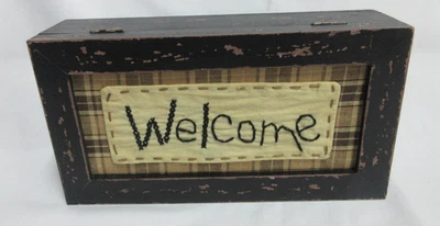 Wood Sign WELCOME Cross Stitch Prim Trinket Box Rustic Country  Home Decor 8x4x2 - Image 1 of 4