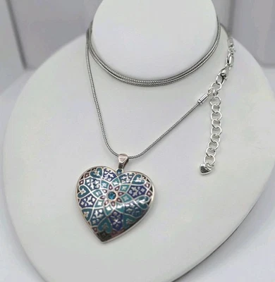 Brighton "Zahra Heart" Necklace Blue Enamel Crystal Mandala Pendant 32 Statement - Image 1 of 4