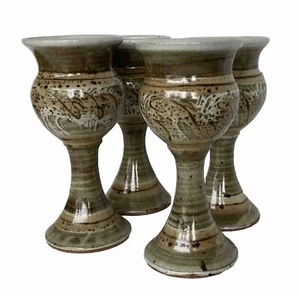 Set of 4 Vintage Stoneware Wheel Thrown Studio Art Pottery Goblets,  7-3/8" Tall - Picture 1 of 7