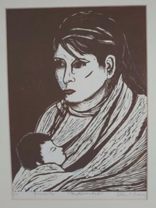 Alter Vintage mexikanischer Künstler signiert nummeriert Linoleum Druck Mutter Kind Mexiko - Bild 1 von 12