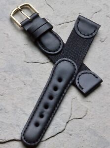 Black Genuine Leather and Nylon 18mm watch strap 1960s old stock by Hirsch
