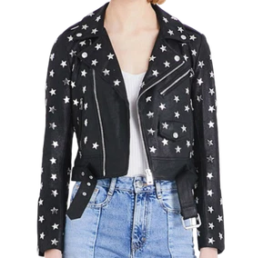 Women's Unique Style Full Silver Stars Vintage Motorcycle Biker Leather Jacket - Picture 1 of 3