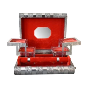 Vintage LARGE Silver Embossed Jewellery Box with ROSE RED Cotton Velvet - Picture 1 of 9
