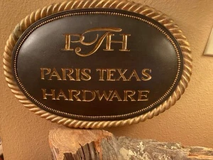 Paris Texas Hardware sign Oval 18" x 12" x 1" Brown with Gold rope trim. - Picture 1 of 11