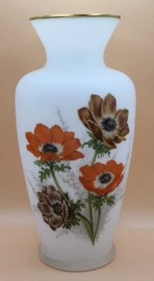Vintage Glass Vase White Handpainted Flowers Gold Trim 8"  - Image 1 of 4