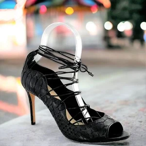 Alexandre Birman Donna Black Python Textured Leather Lace Up Heels Size 38 - Picture 1 of 9