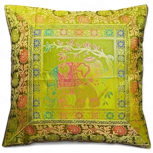Indian Brocade Elephant Cushion Cover Decorative Silk Throw Pillow Case 16x16 - Picture 1 of 6