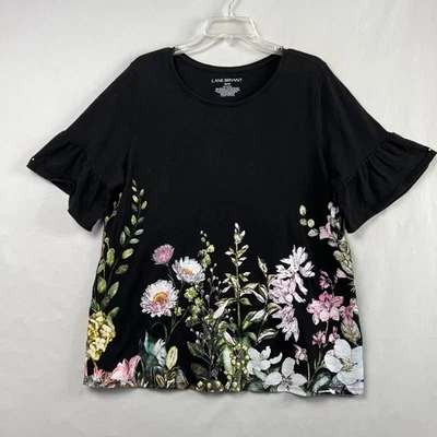 Camisa Lane Bryant Top Talla 18/20 Negra Floral Manga Acampanada Algodón Relajada Foto 1 de 4
