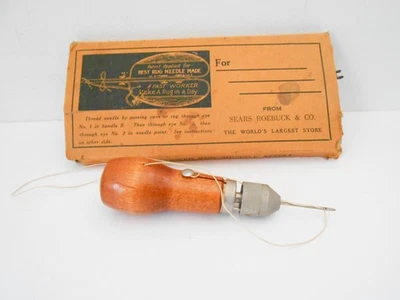 Lot of Hooked Rug Shuttle Needle and Leather Stitching Tool - Image 1 of 2