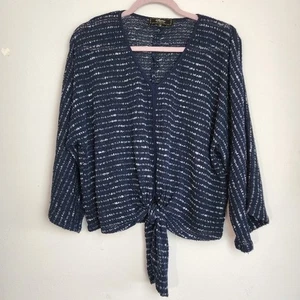 Status By Chenault Navy Blue Wide Sleeve Tie At Waist Women's Top Size M - Picture 1 of 6