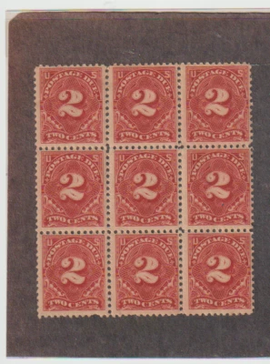 Scott # J62 Block of 9 MNH  2c Carmine Rose  SCV - $100.00 1 stamp has a crease - Image 1 of 2