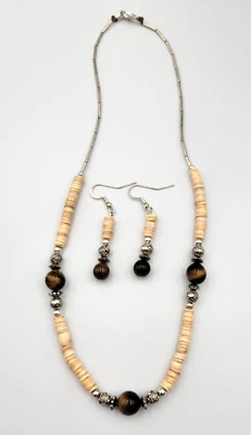Heishi Shell & Tigers Eye Bead Necklace & Earrings Set Silver Tone Pierced - Image 1 of 4