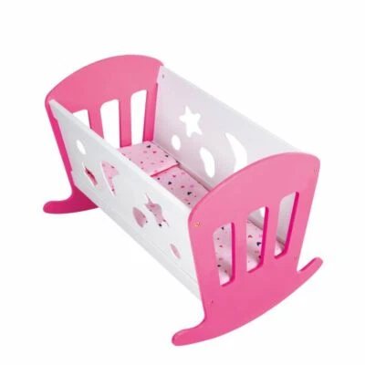 OTTO SIMON - DOLLSROOM Schaukelbett Holz Puppenbett Wiege Puppenwiege Schaukelwiege Spielzeug weiß-rosa