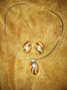 Vintage TAXCO Mexico 925 Silber Koralle Emaille Halsreif, Anhänger und Ohrringe Set   - Bild 1 von 12