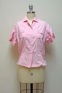 VINTAGE 1950s Pink Cotton Short Sleeve Button Front Blouse Shirt Size ~S~ - Picture 1 of 5